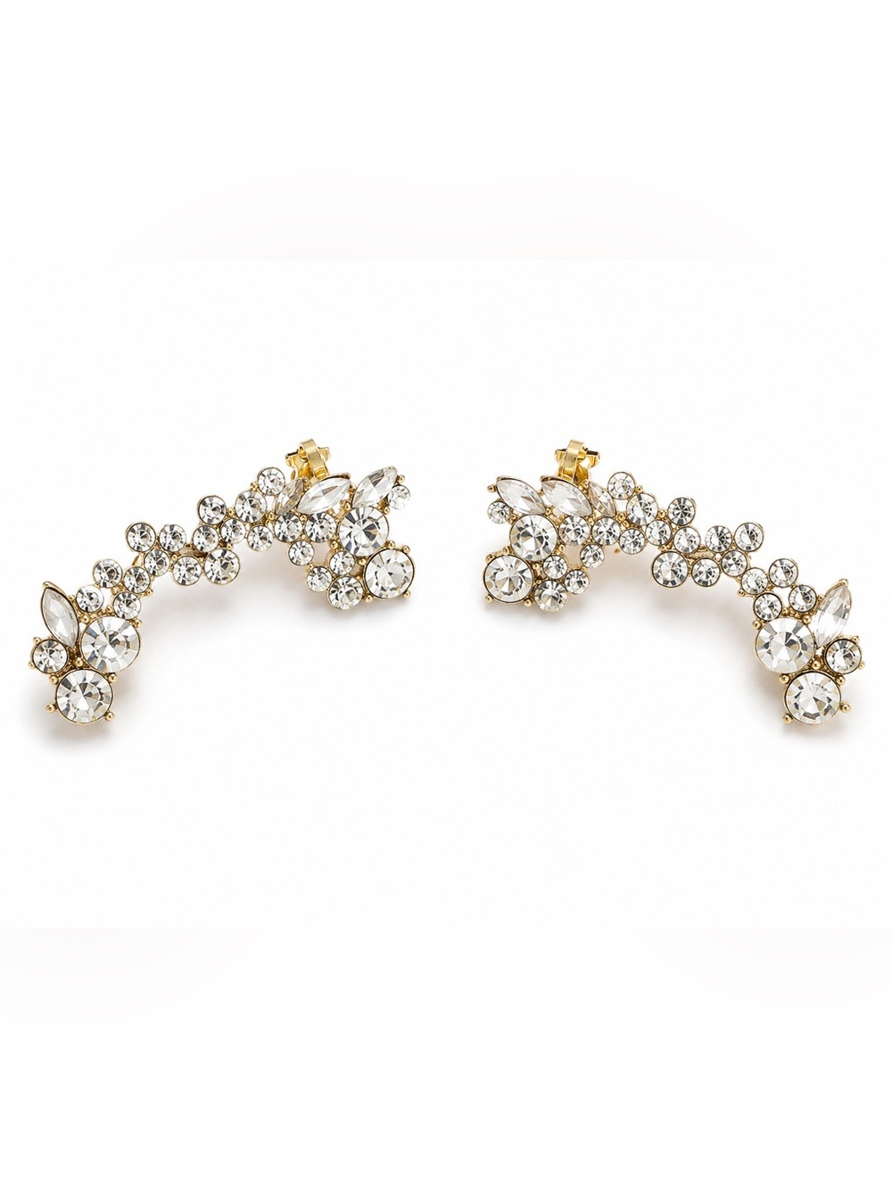 Gold Tone Crystal Ear Crawler Earrings Floral Rhinestone Statement Studs